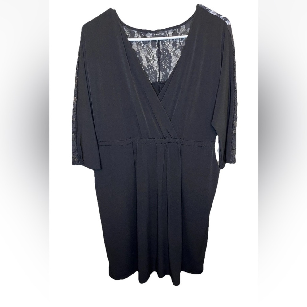 Torrid Jersey A-Line Lace Back 3/4 Sleeve Faux Wrap Pocket Dress Black Sz 2X EUC